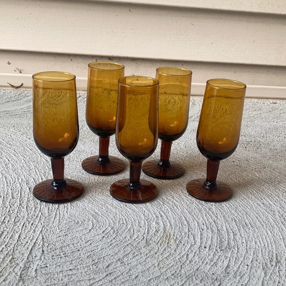 Vintage 5.5” set of amber shot glasses with stems